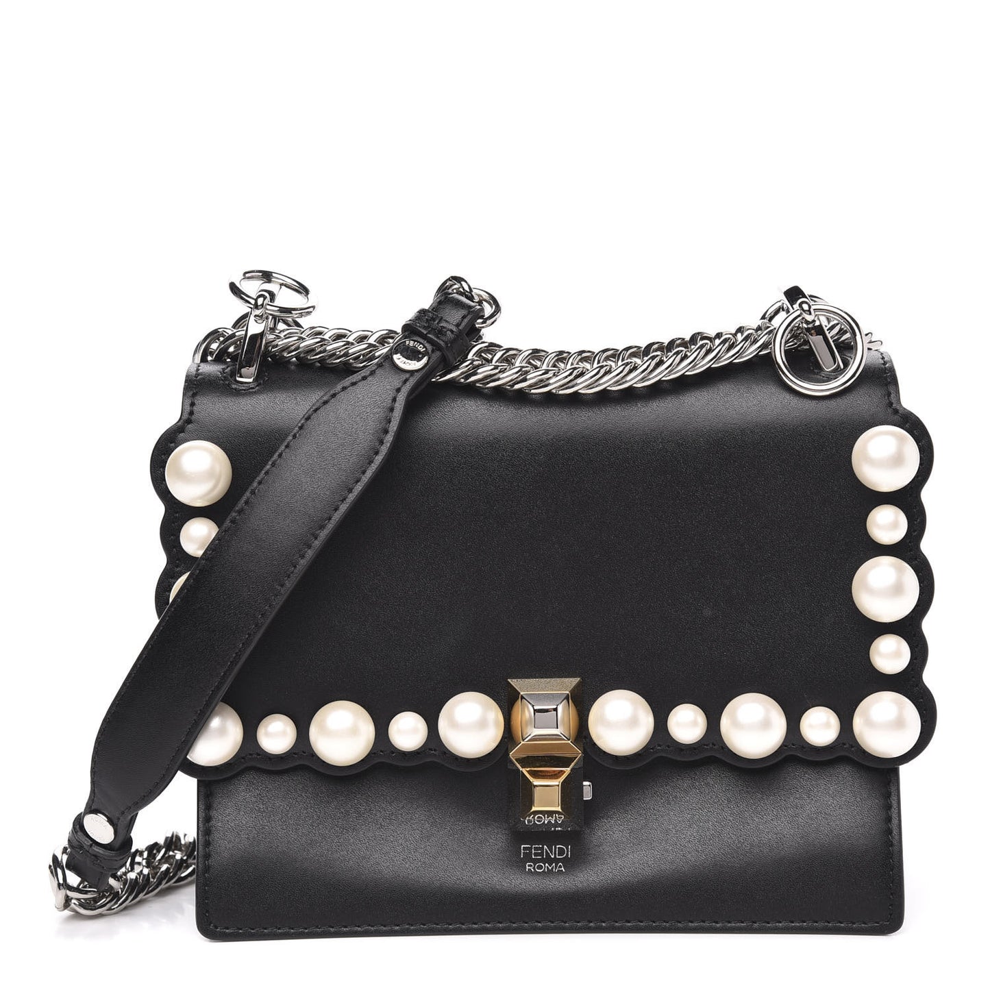 Vitello Liberty Pearl Scalloped Studded Small Kan I Shoulder Bag Black