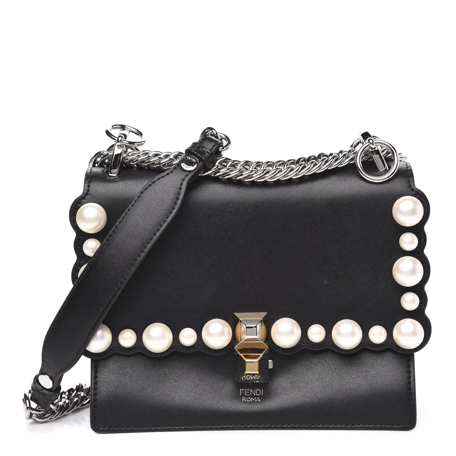 Fendi Vitello Liberty Pearl Scalloped Studded Small Kan I Shoulder Bag Black 1 of 9