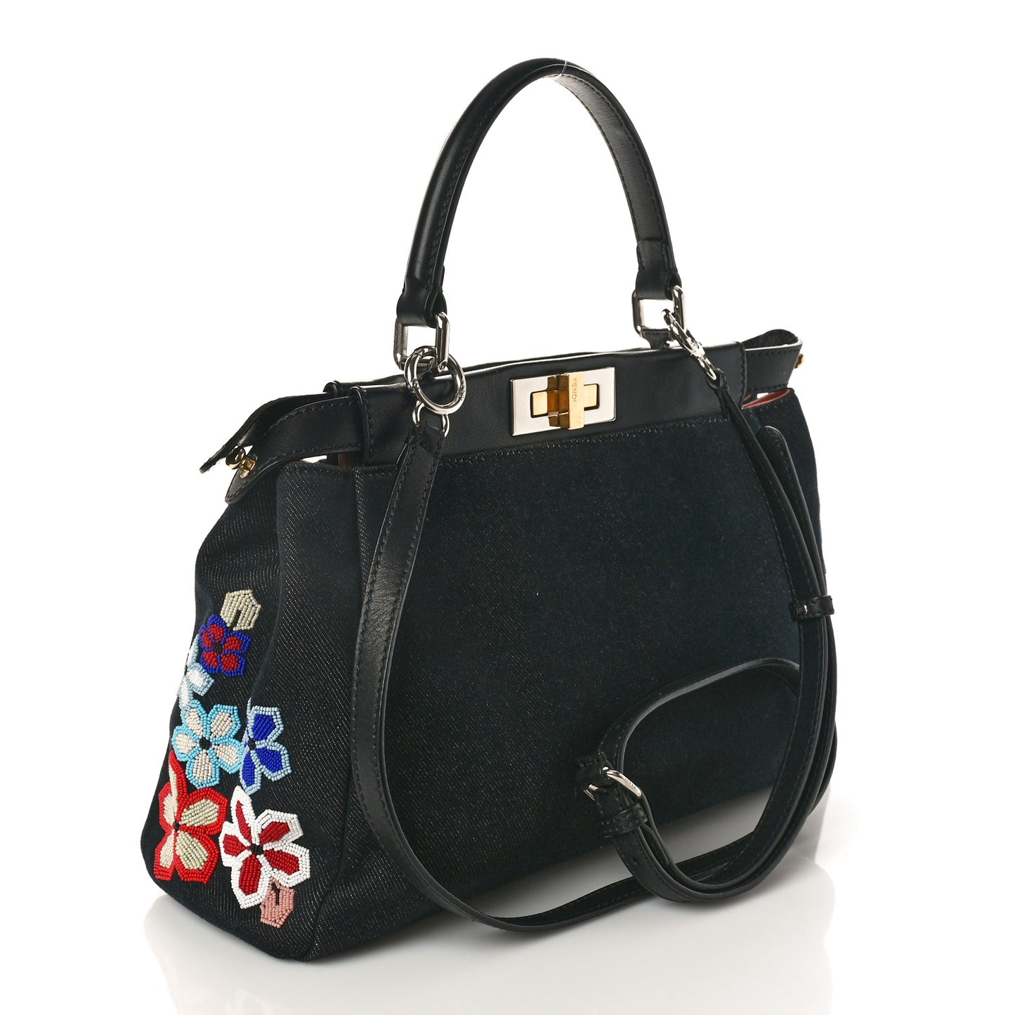 Denim Vitello Dolce QuTweet Beaded Medium Peekaboo Iconic Satchel Dark Blue Multicolor Black