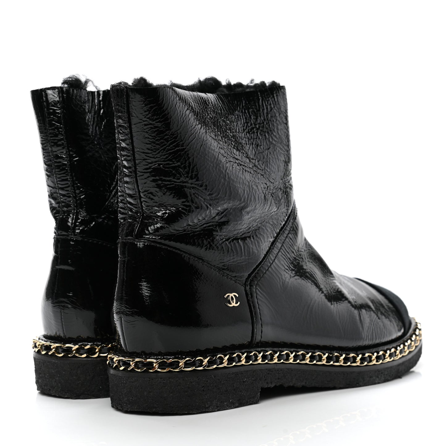 Crumpled Calfskin Shearling Womens Cap Toe Chain Short Boots 39 Black