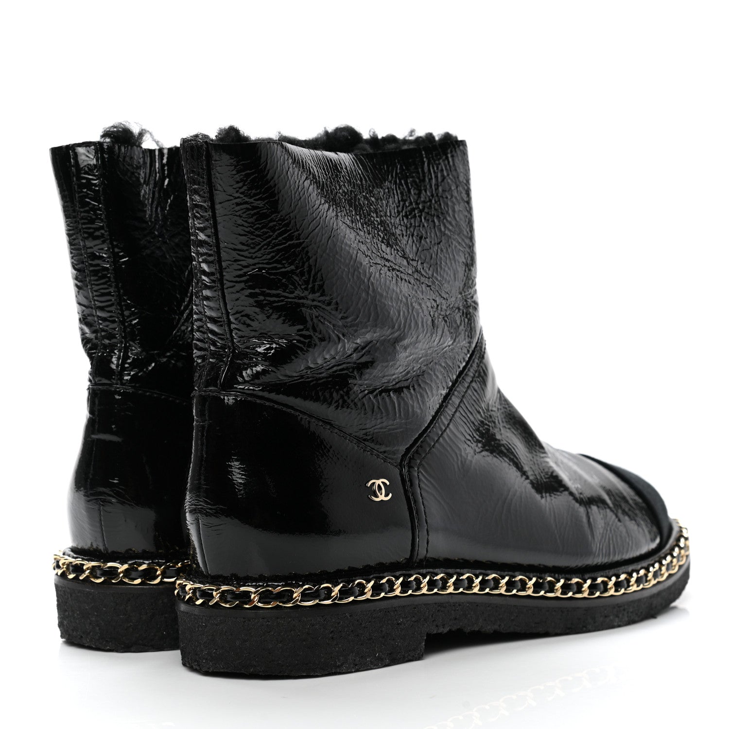 Chanel Crumpled Calfskin Shearling Womens Cap Toe Chain Short Boots 39 Black 4 of 8