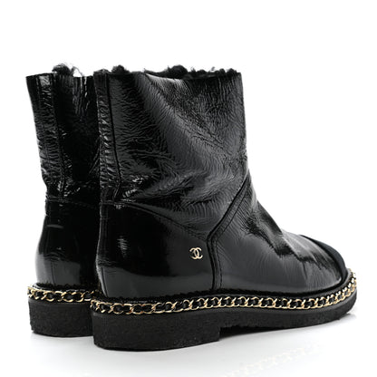 Chanel Crumpled Calfskin Shearling Womens Cap Toe Chain Short Boots 39 Black 4 of 8