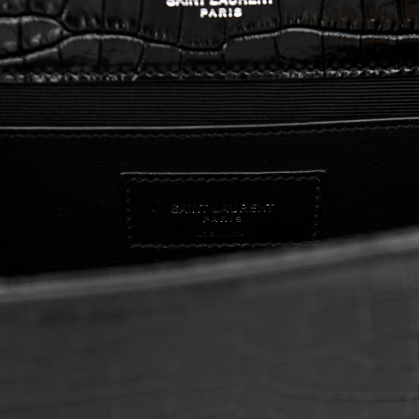 Calfskin Crocodile Embossed Medium Classic Monogram Kate Tassel Satchel Black