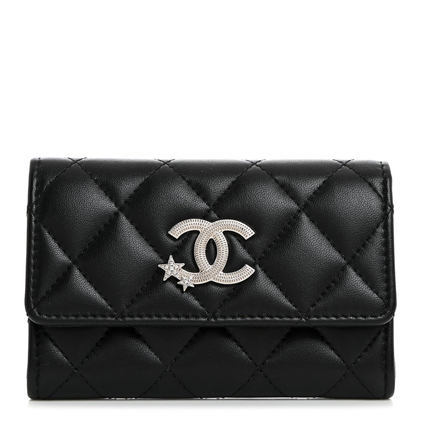 Lambskin Quilted Flap Crystal Star Card Holder Wallet Black