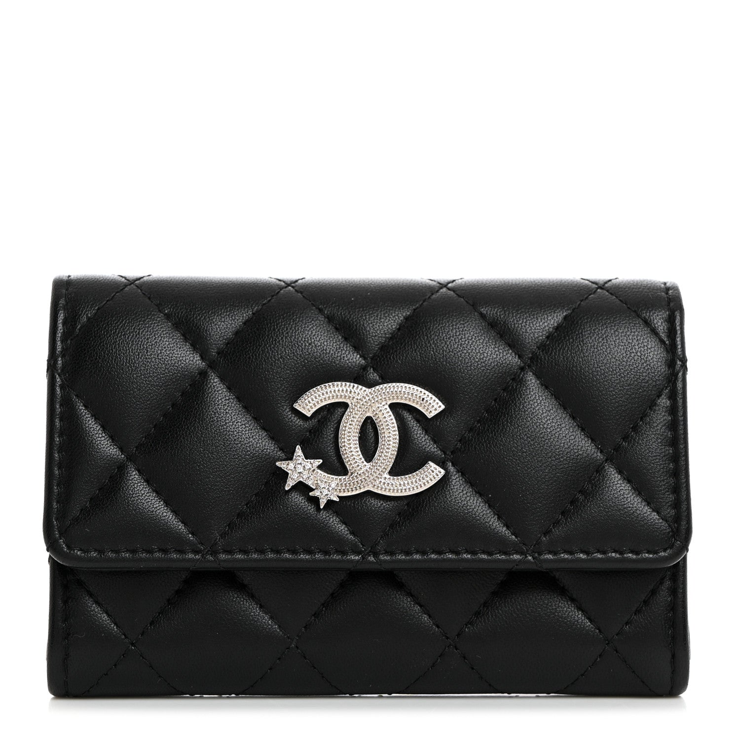Chanel Lambskin Quilted Flap Crystal Star Card Holder Wallet Black 1 of 9