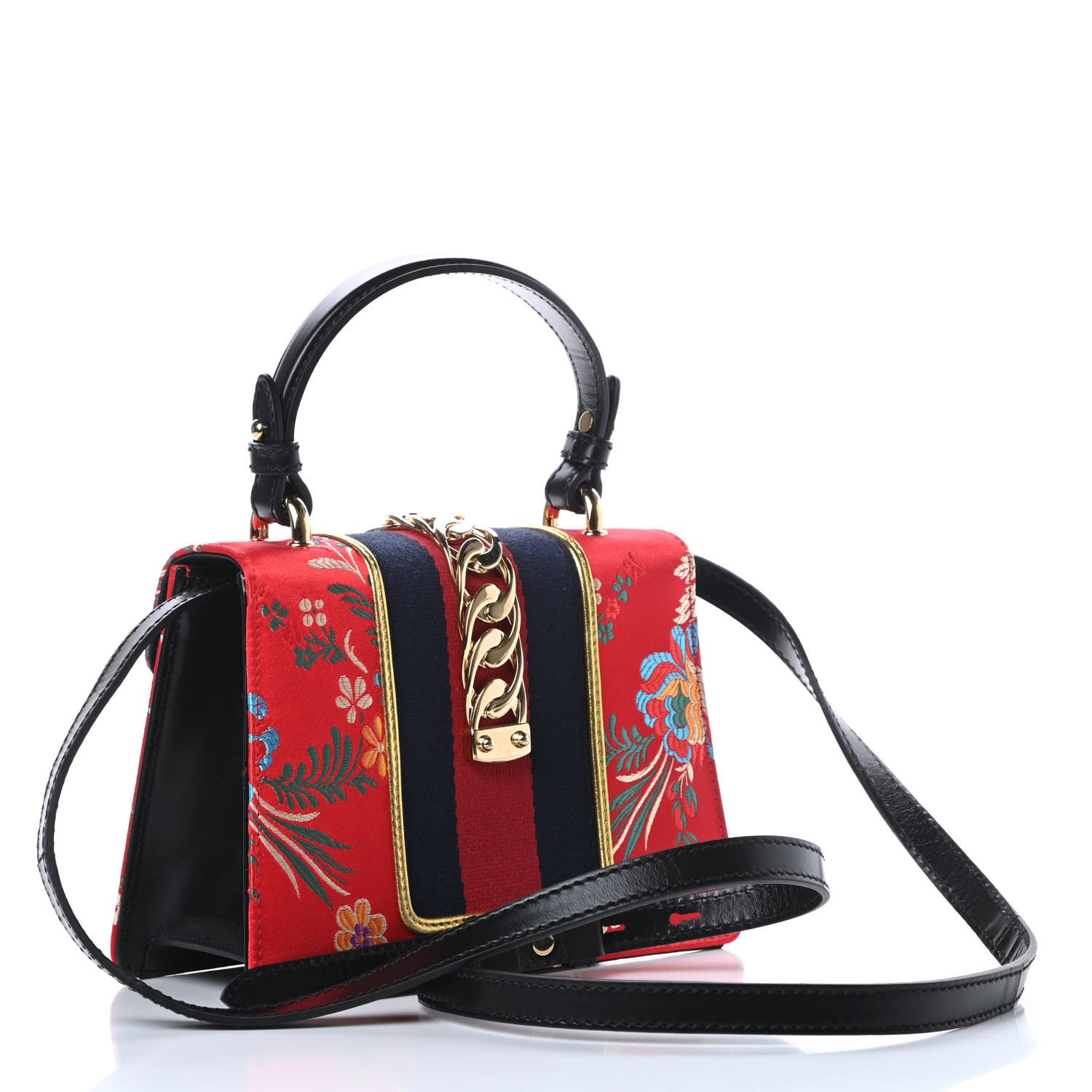 Gucci Jacquard Floral Mini Sylvie Top Handle Bag Red Multicolor Black 3 of 12