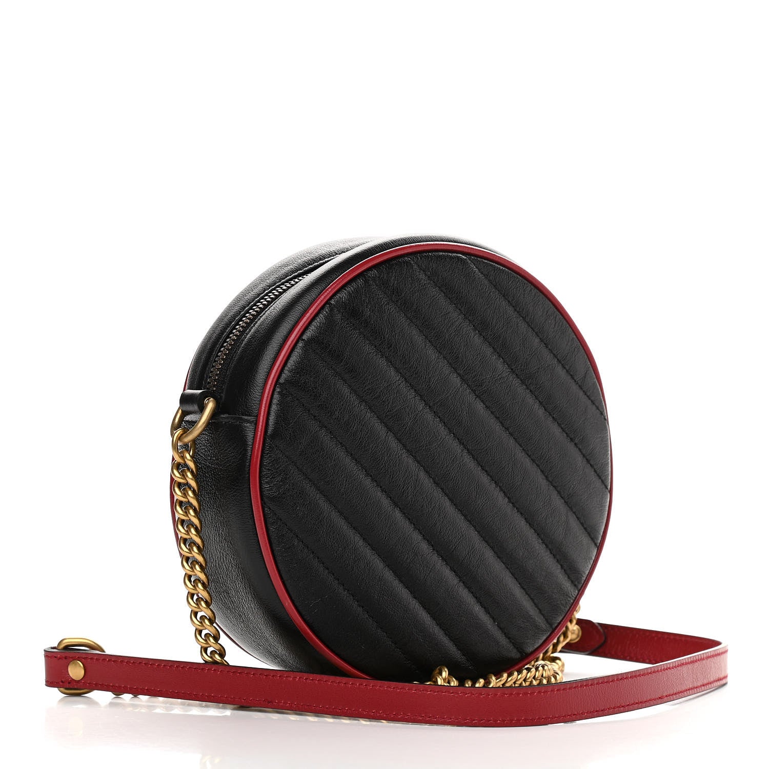 Gucci Vintage Effect Calfskin Matelasse Diagonal Mini Torchon GG Marmont Round Shoulder Bag Black Romantic Cherry 3 of 10