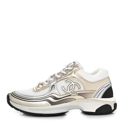 Chanel Fabric Laminated Calfskin Stretch CC Sneakers 36 White Gold Silver 1 of 9