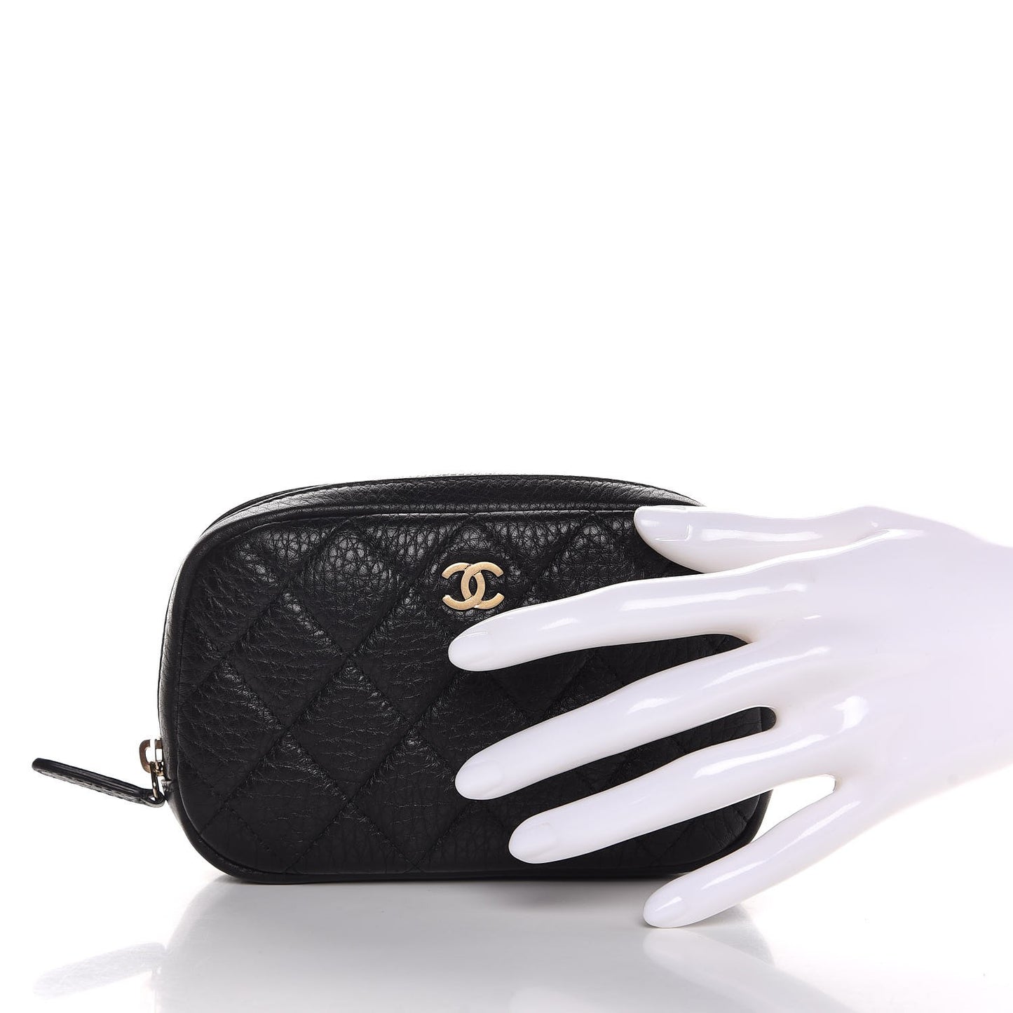 Grained Calfskin Quilted Small Curvy Pouch Cosmetic Case Black