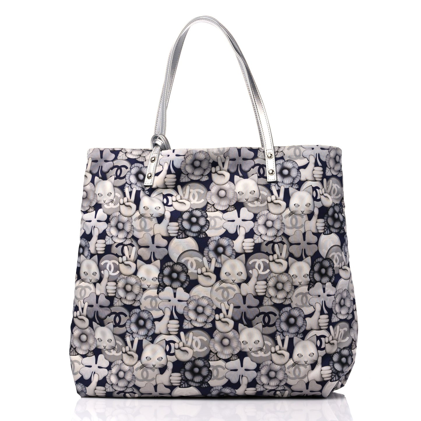 Nylon Cat Emoticon Tote Navy Silver