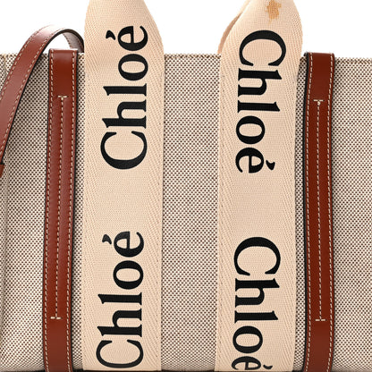 Chloe Cotton Calfskin Small Woody Ribbon Tote With Strap White Brown 7 of 10