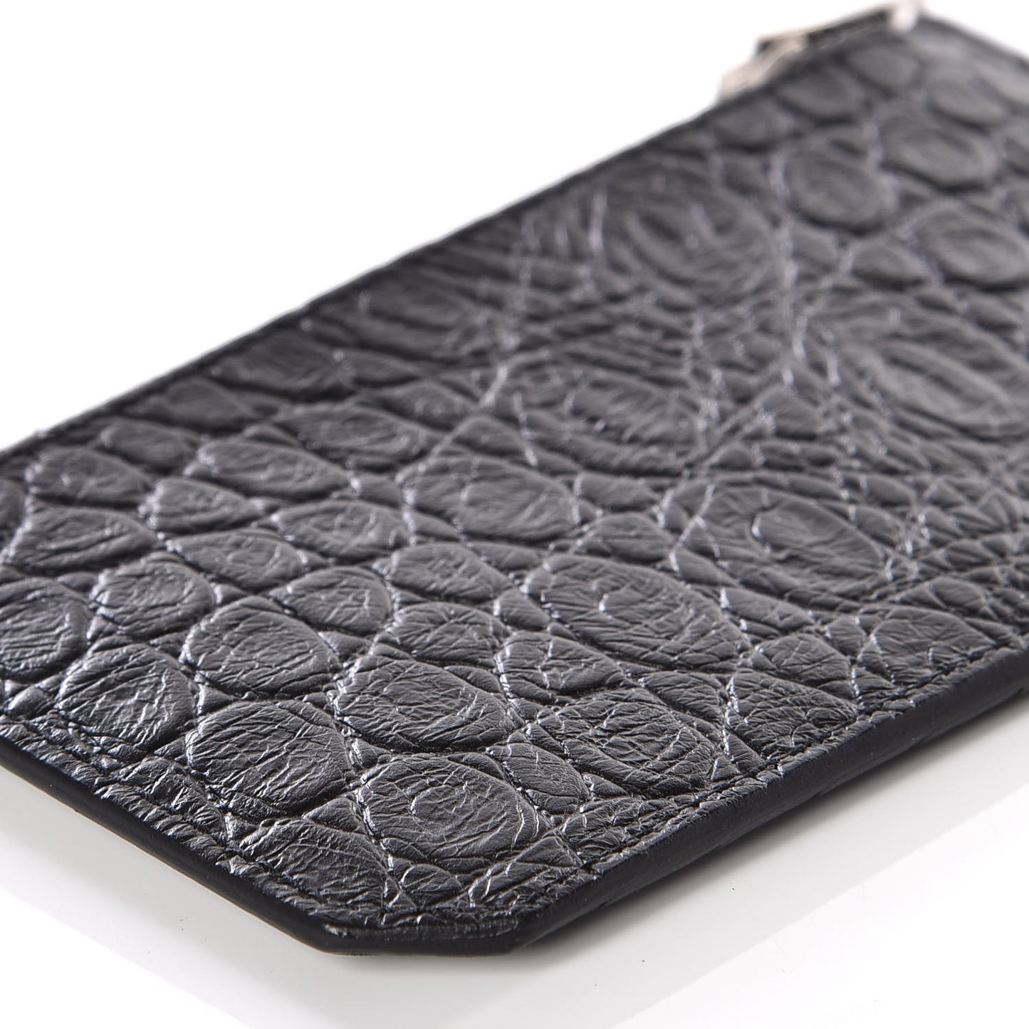 Calfskin Crocodile Embossed 5 Fragments Zip Card Case Black