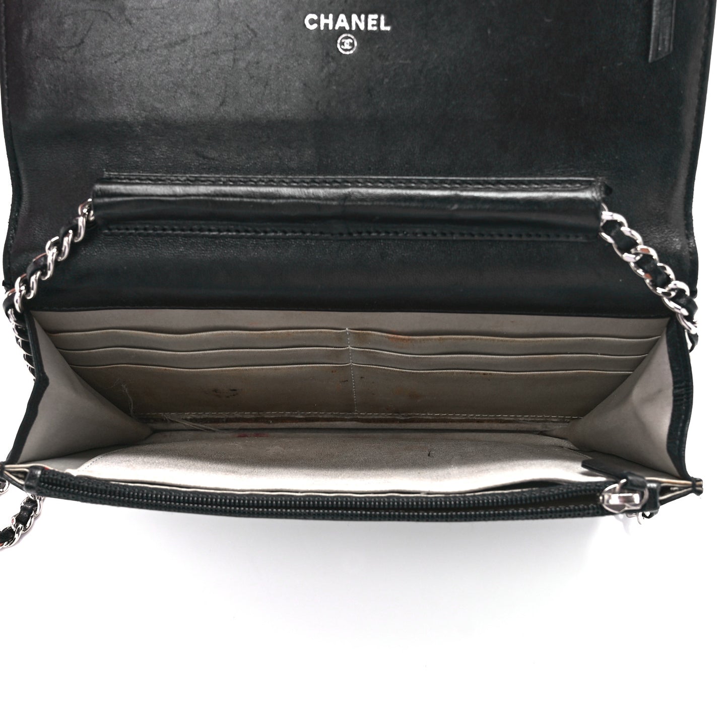 Lambskin Camellia Embossed Wallet on Chain WOC Black