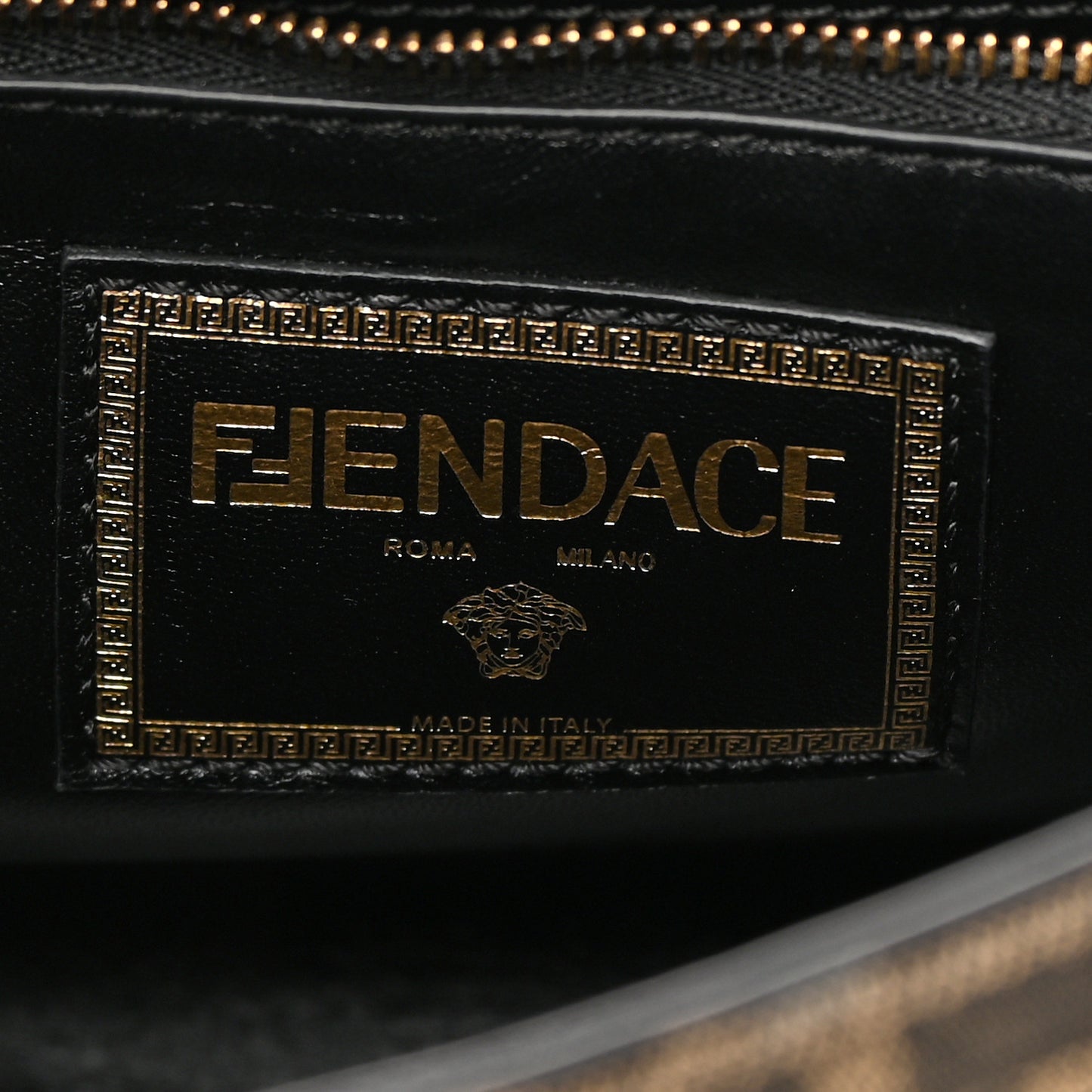 X FENDI Grained Calfskin Fendace Medium La Medusa Top Handle Bag Black Brown