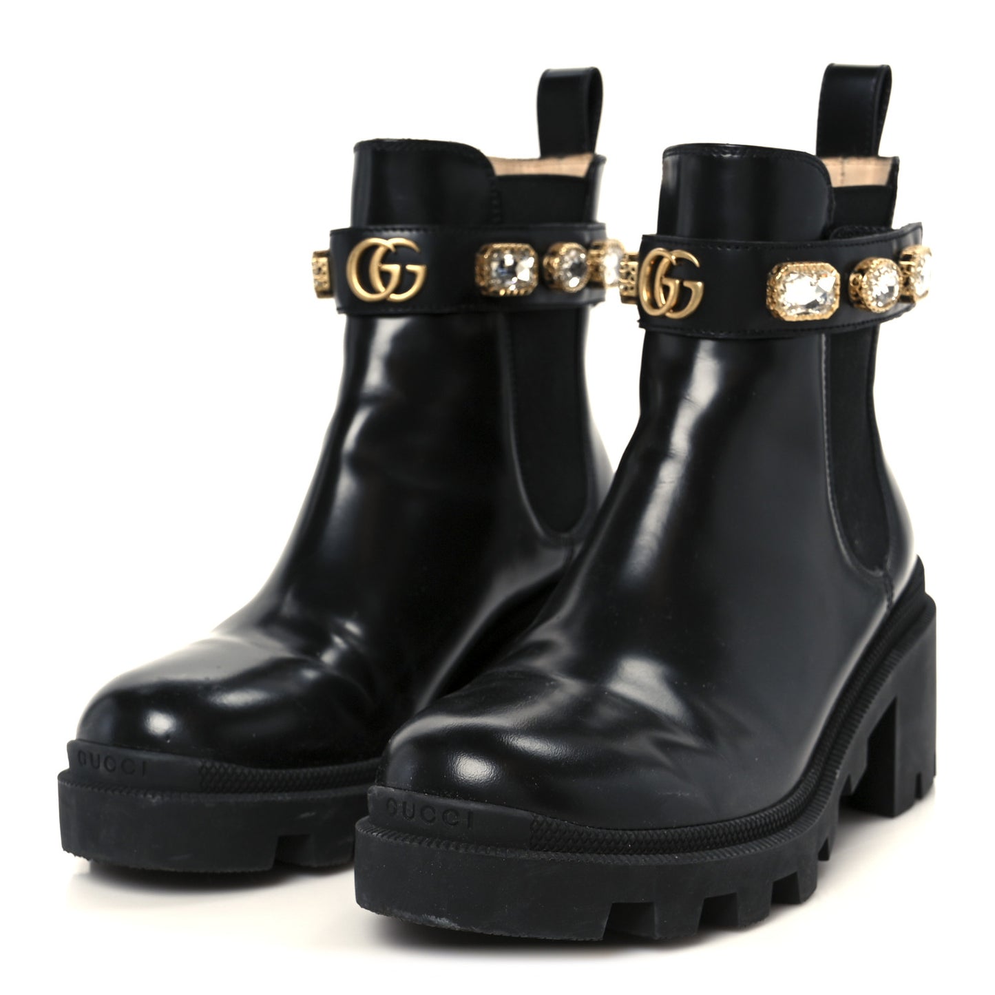 Calfskin Crystal GG Trip Chelsea Ankle Boots 37.5 Black