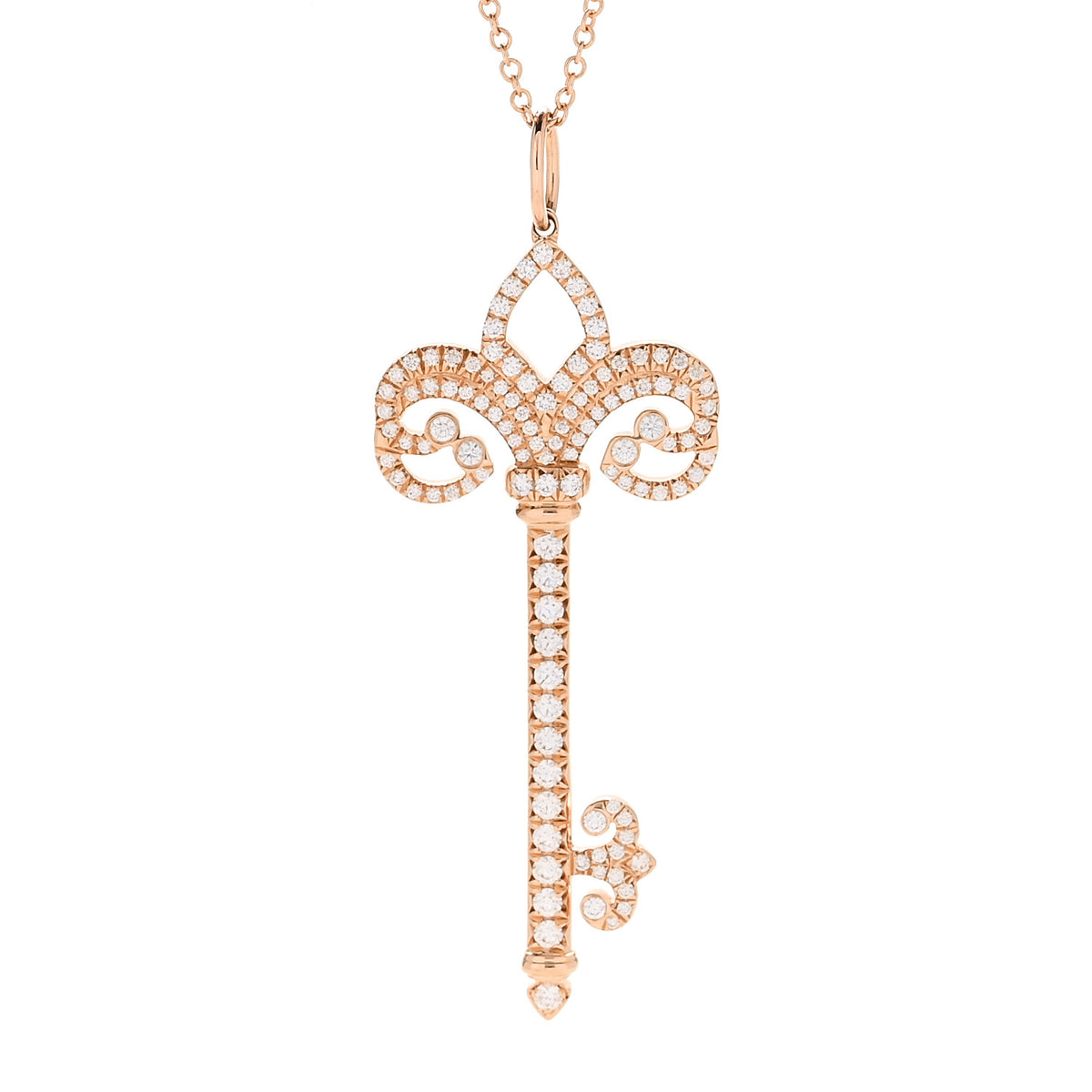 18K Rose Gold Diamond .37ct Fleur De Lis Key Pendant Necklace