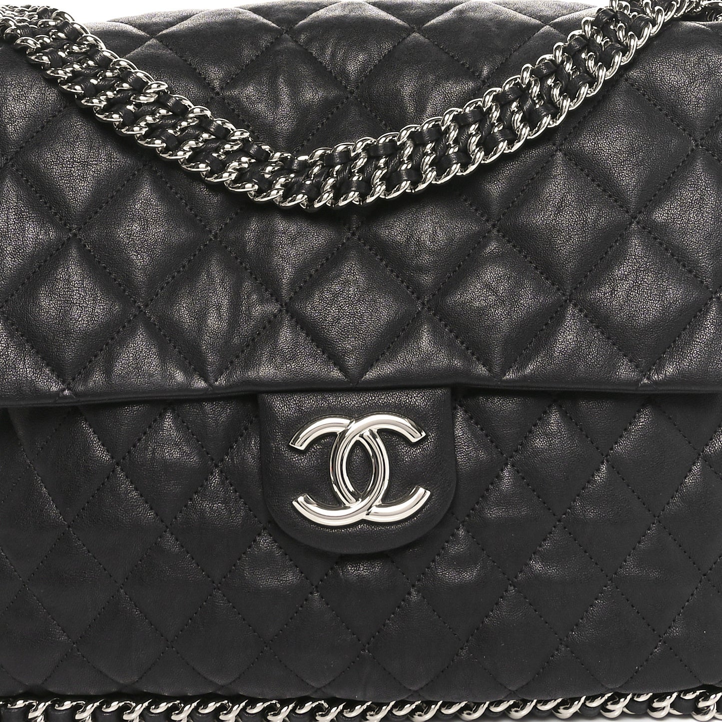 Washed Lambskin Quilted Maxi Chain Around Flap Black