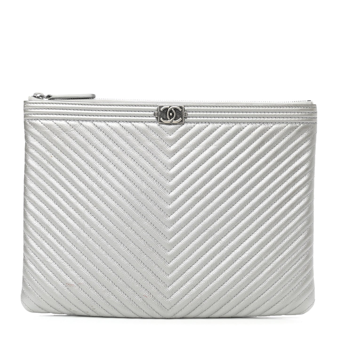 Metallic Caviar Chevron Quilted Medium Boy Cosmetic Case Silver