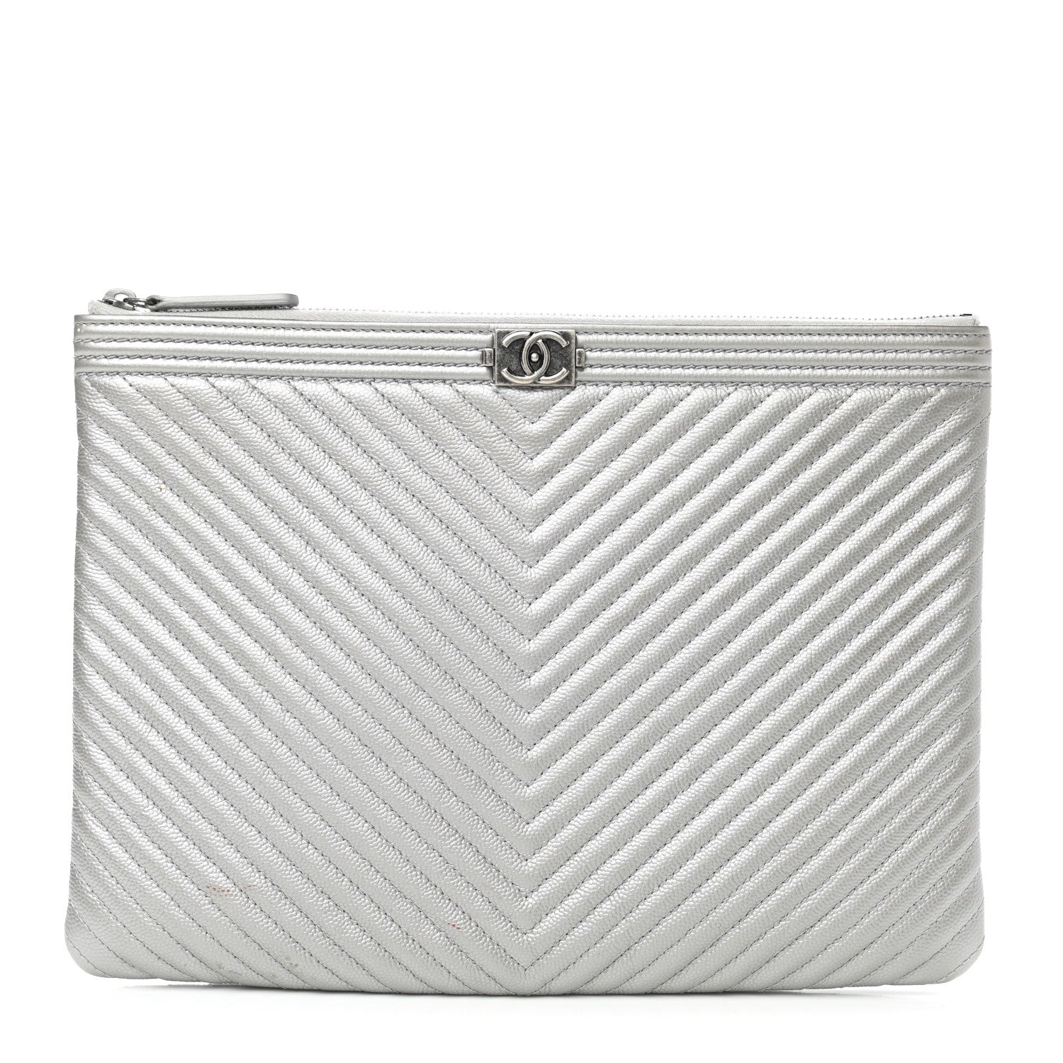 Chanel Metallic Caviar Chevron Quilted Medium Boy Cosmetic Case Silver 1 of 9