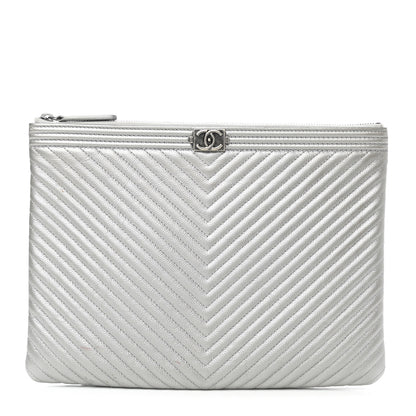 Chanel Metallic Caviar Chevron Quilted Medium Boy Cosmetic Case Silver 1 of 9