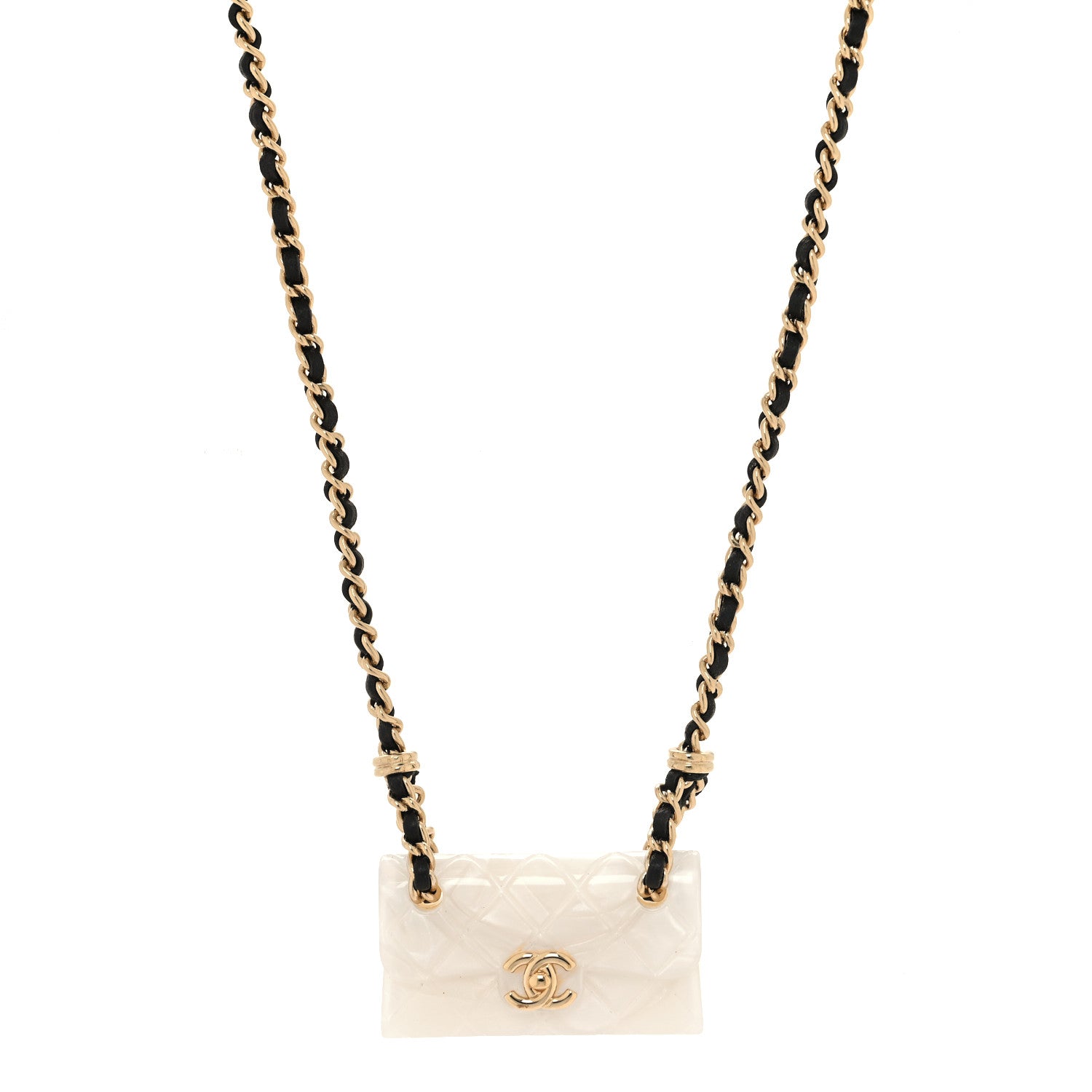 Chanel Lambskin Metal Resin Quilted Flap Bag Necklace Gold Black Pearly White 1 of 4