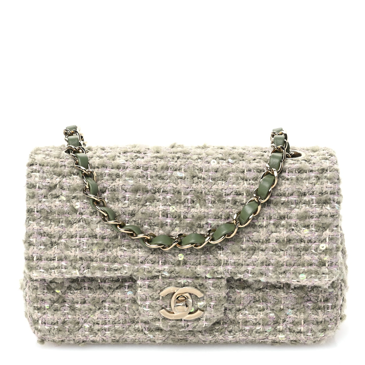 Wool Tweed Sequin Quilted Mini Rectangular Flap Green Beige Ecru