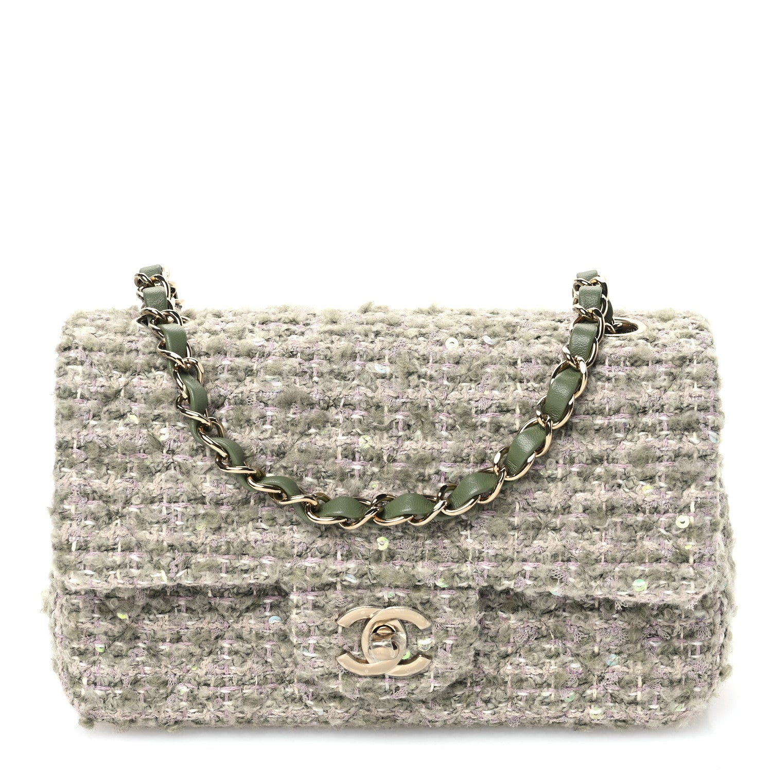 Chanel Wool Tweed Sequin Quilted Mini Rectangular Flap Green Beige Ecru 1 of 10