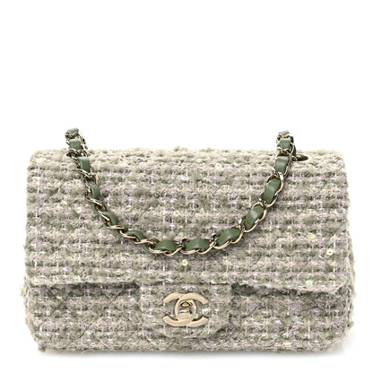 Chanel Wool Tweed Sequin Quilted Mini Rectangular Flap Green Beige Ecru 1 of 10