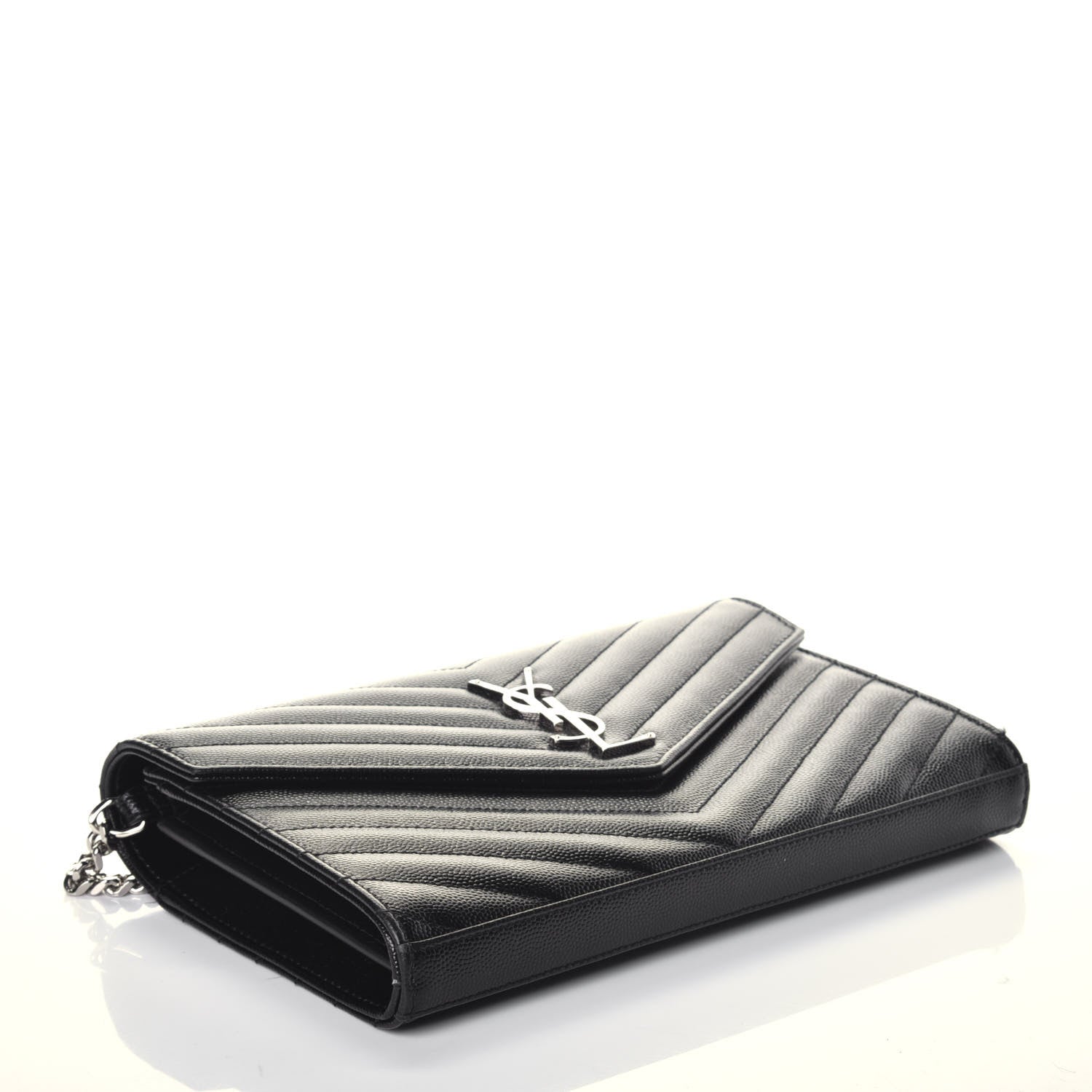 Saint Laurent Grain De Poudre Matelasse Chevron Monogram Chain Wallet Black 4 of 9