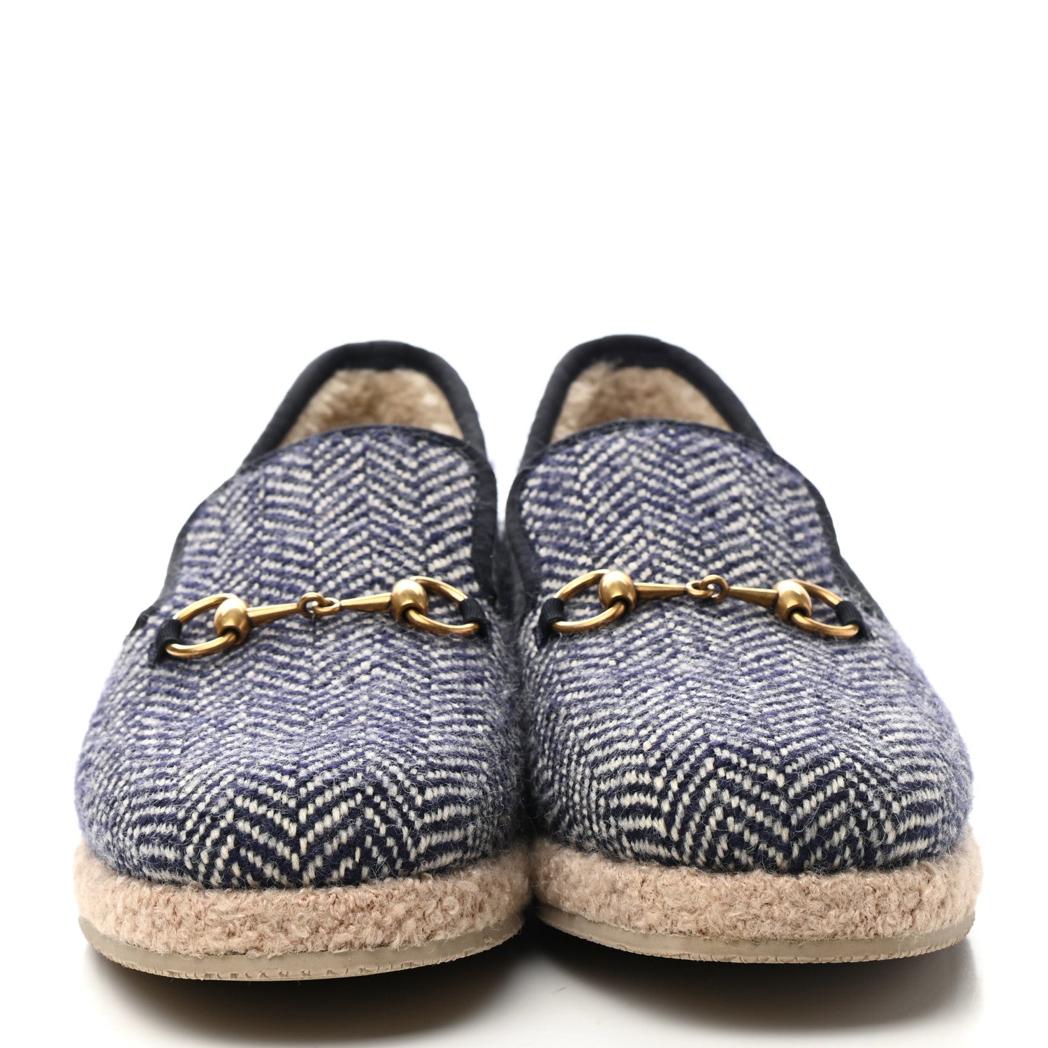 Gucci Covered Wool Herringbone Mens Fria Horsebit Loafers 7.5 Space Blue Oatmeal 2 of 9