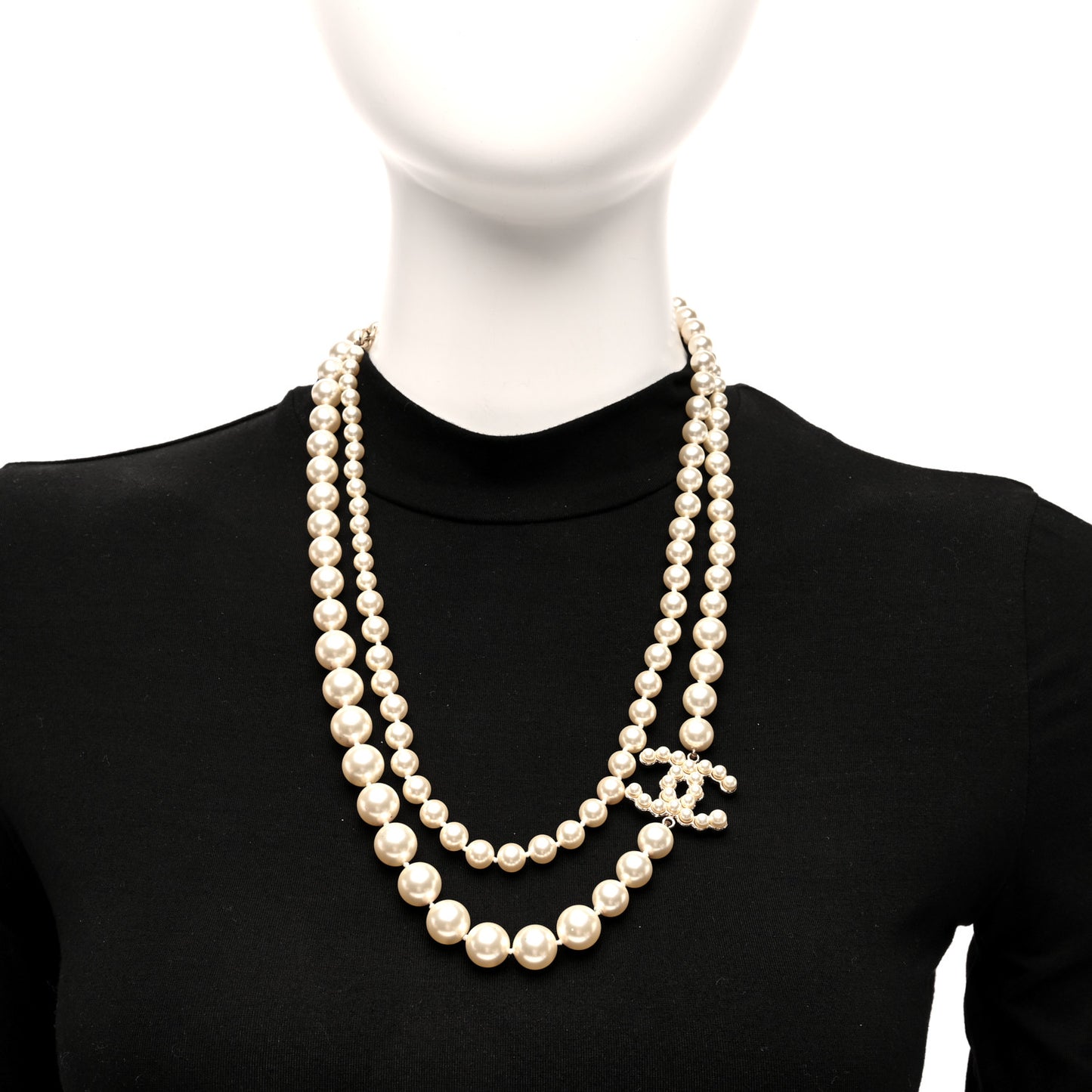 Graduated Pearl Crystal CC Necklace White