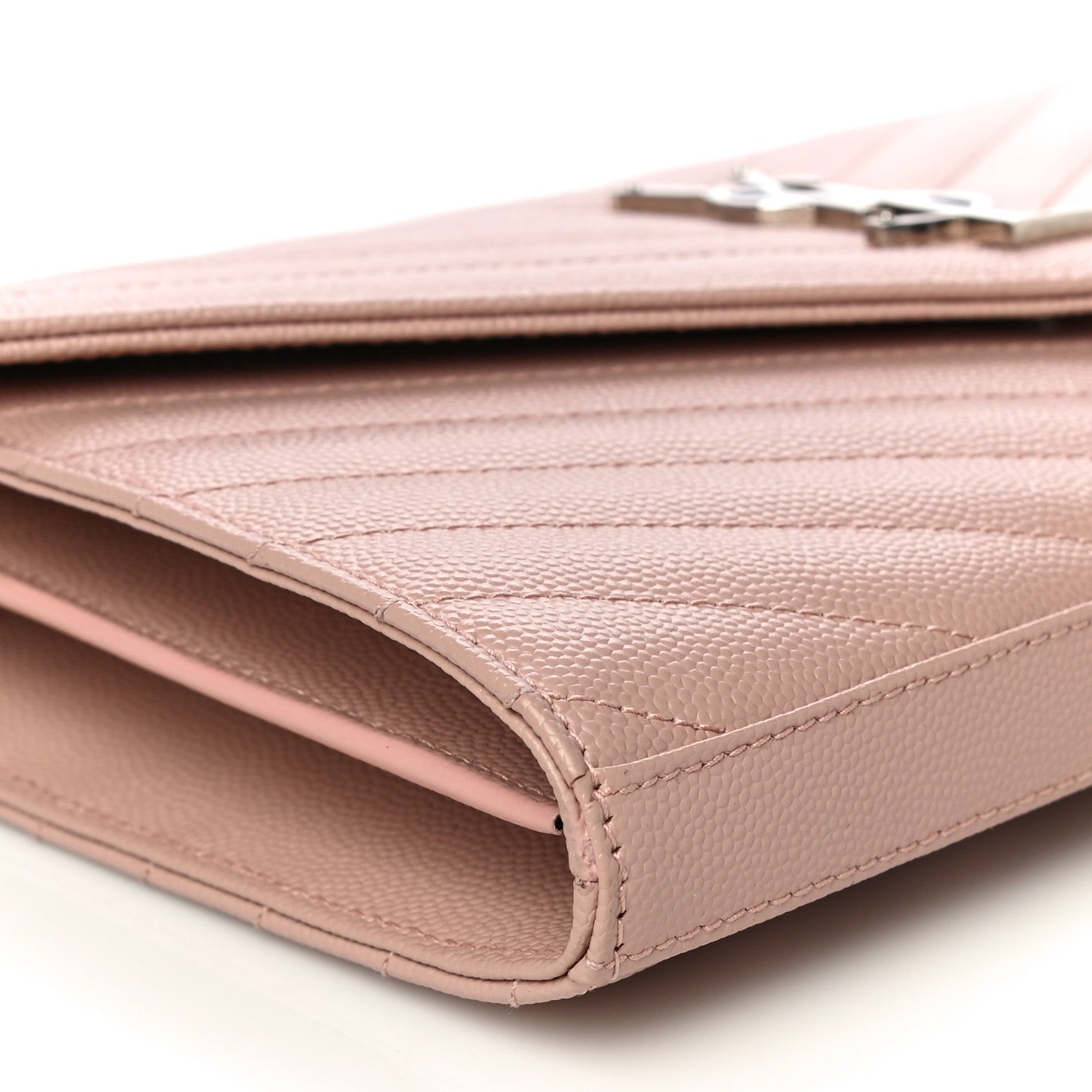 Saint Laurent Grain De Poudre Matelasse Chevron Monogram Chain Wallet Pale Pink 8 of 9