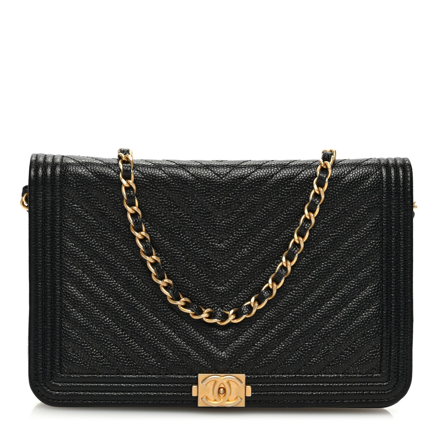 Chanel Caviar Chevron Quilted Boy Wallet On Chain WOC Black 1 of 10