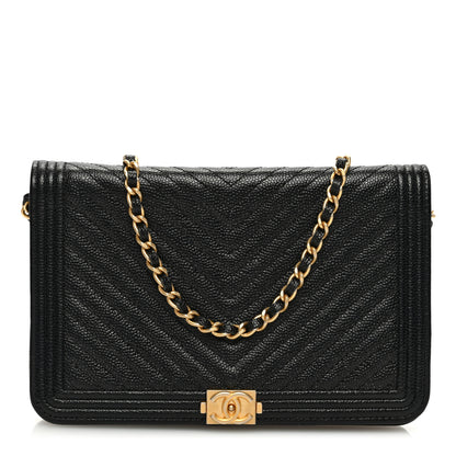 Chanel Caviar Chevron Quilted Boy Wallet On Chain WOC Black 1 of 10