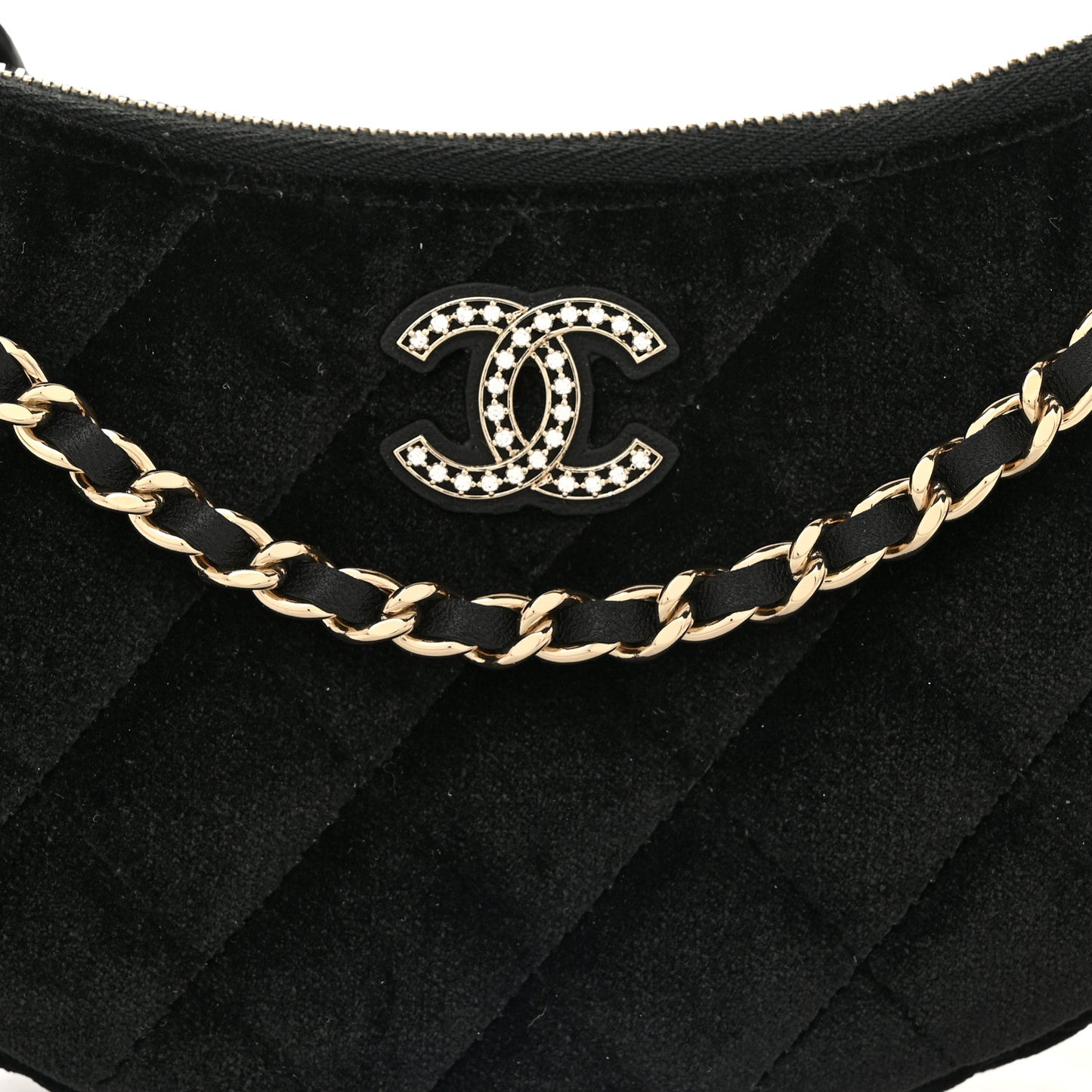 Velvet Crystal Quilted Chain Hobo Black