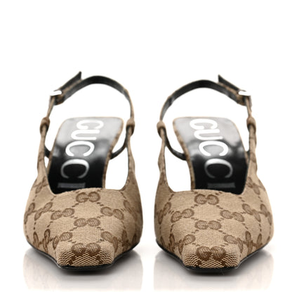 Gucci Monogram Malga Kid Square G 75mm Slingback Pumps 36 Beige Ebony New Acero 2 of 8