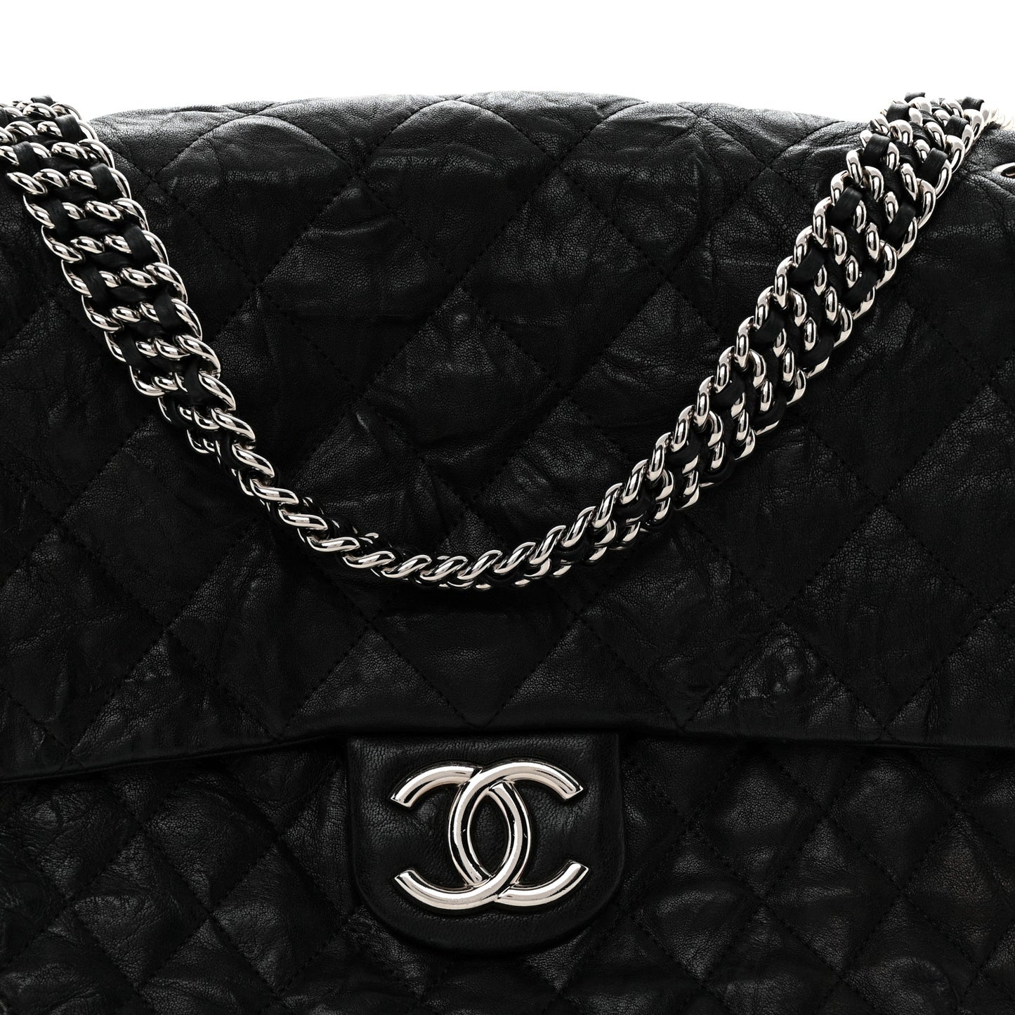 Washed Lambskin Quilted Maxi Chain Around Flap Black