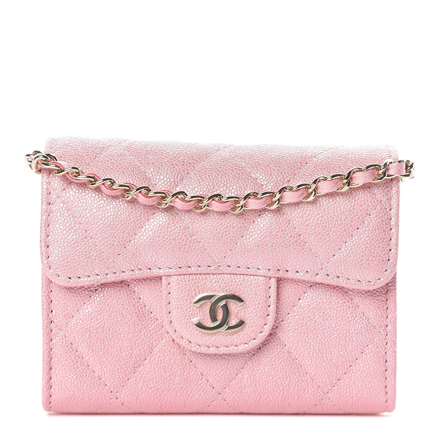 Iridescent Caviar Quilted Flap Card Holder On Chain Pink