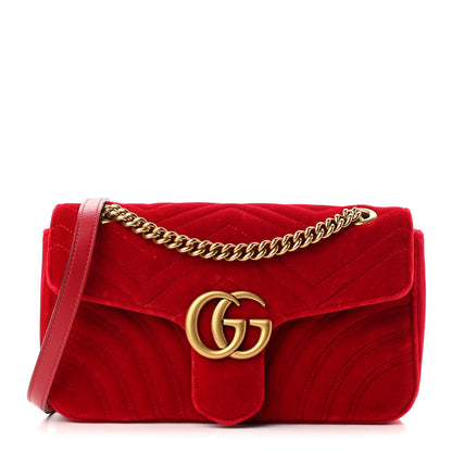 Gucci Velvet Matelasse Small GG Marmont Shoulder Bag Hibiscus Red 1 of 9