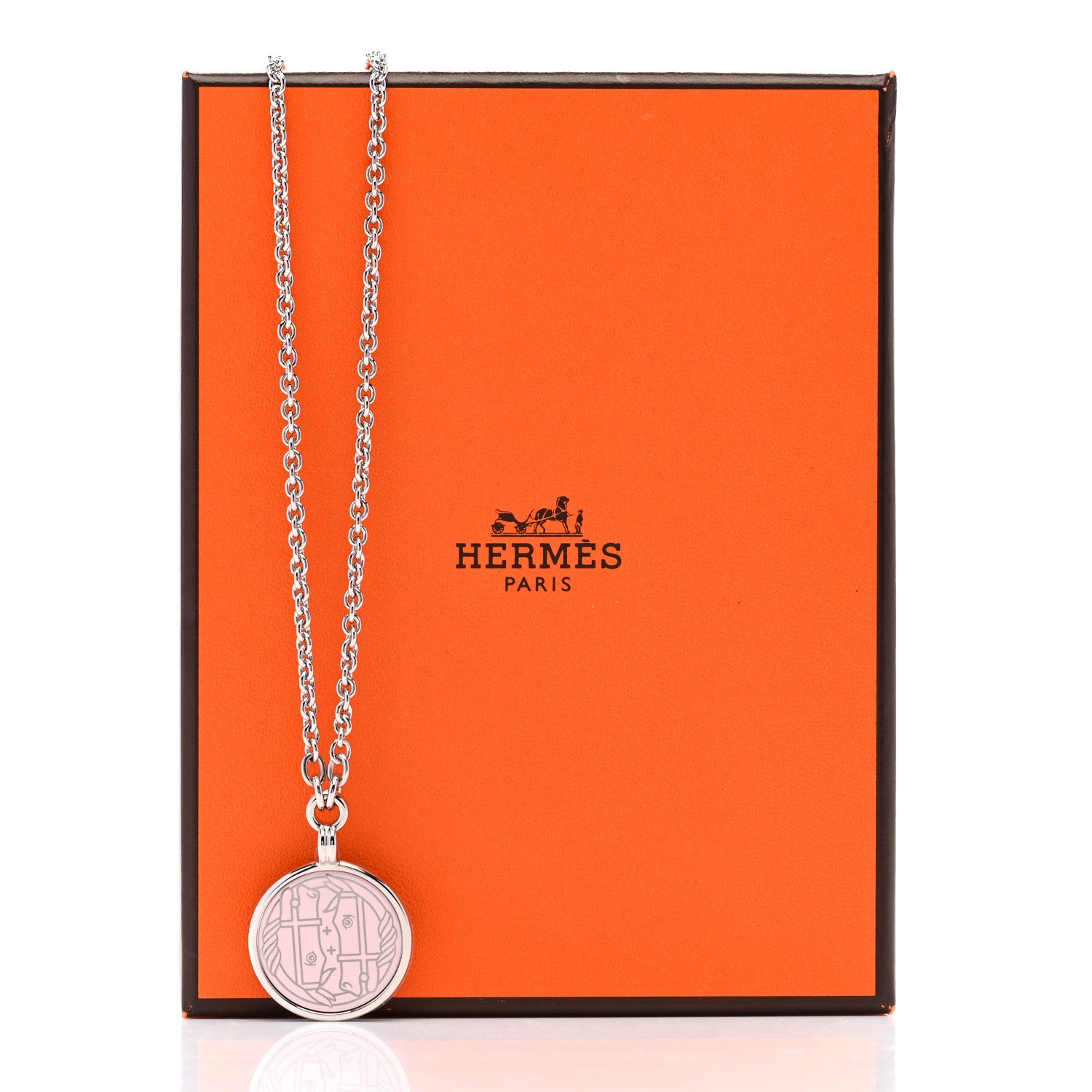 Hermes Palladium Enamel Large Medaille Quadrige Necklace White Platine Rose Candeur 3 of 7