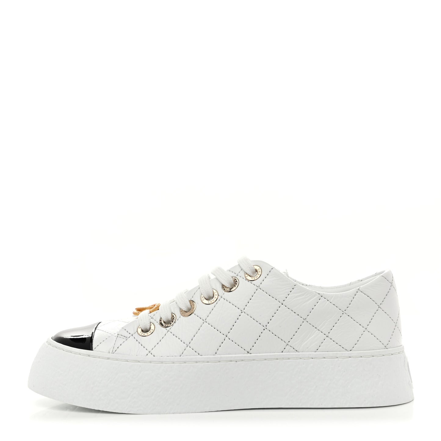 Crumpled Lambskin Patent Cap Toe CC Stitched Sneakers 35.5 White Black