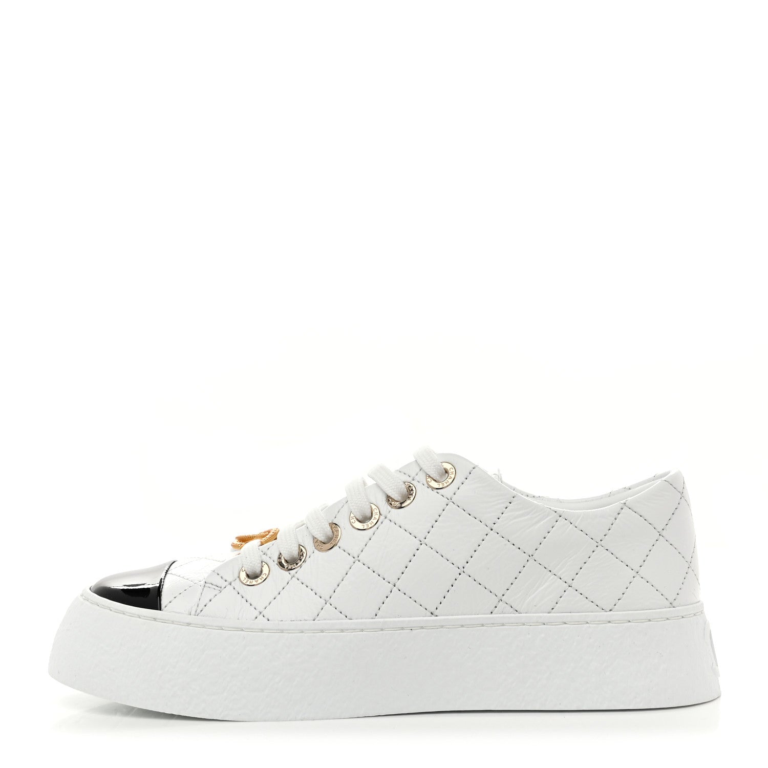 Chanel Crumpled Lambskin Patent Cap Toe CC Stitched Sneakers 35.5 White Black 1 of 10