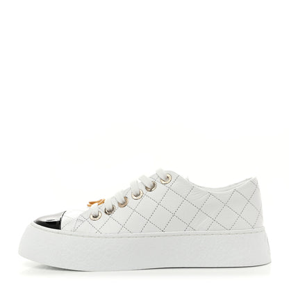Chanel Crumpled Lambskin Patent Cap Toe CC Stitched Sneakers 35.5 White Black 1 of 10