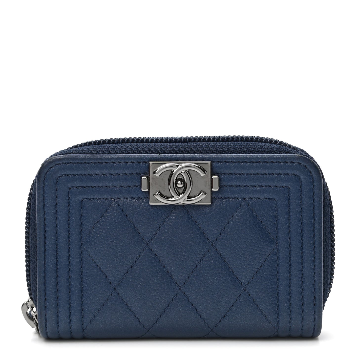 Caviar Quilted Boy Zip Around Coin Purse Wallet Dark Blue