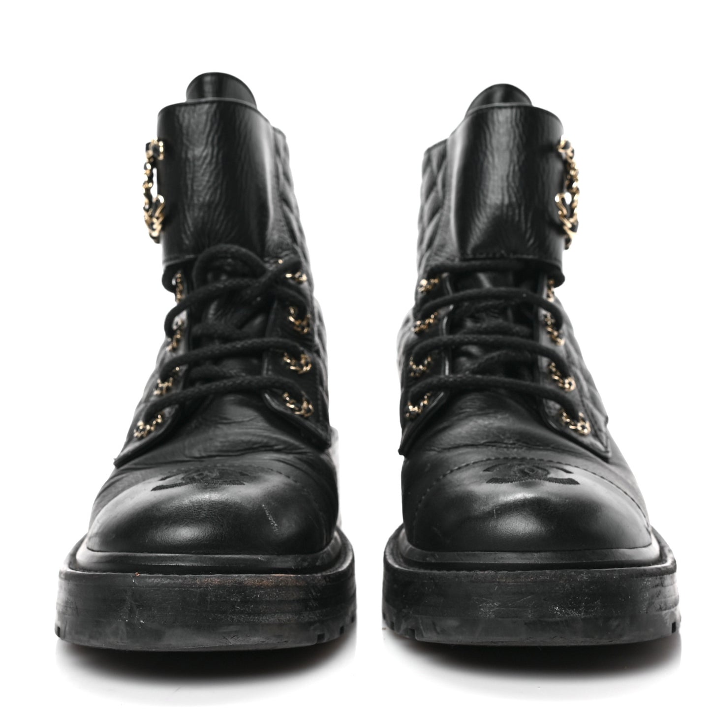 Shiny Goatskin Calfskin Quilted Lace Up Combat Boots 38 Black
