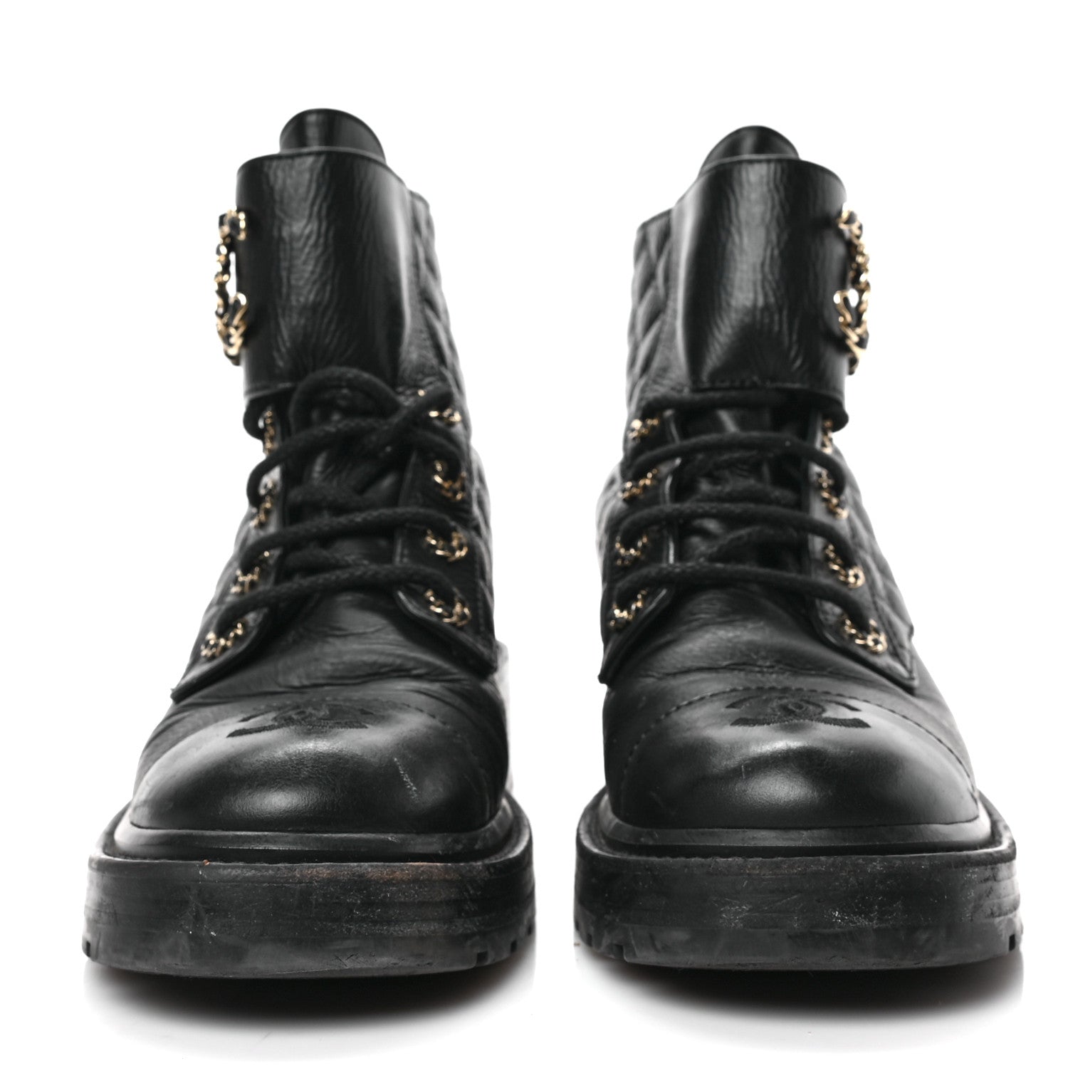 Chanel Shiny Goatskin Calfskin Quilted Lace Up Combat Boots 38 Black 2 of 5