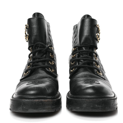Chanel Shiny Goatskin Calfskin Quilted Lace Up Combat Boots 38 Black 2 of 5