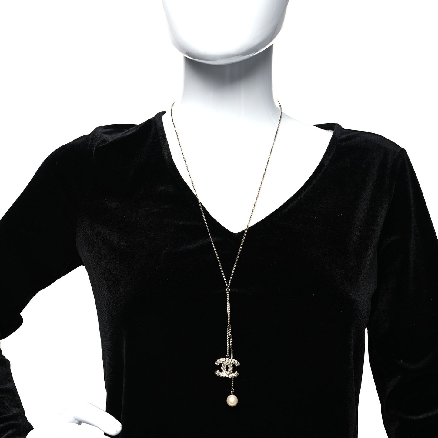 Baguette Crystal Pearl CC Lariat Necklace Silver