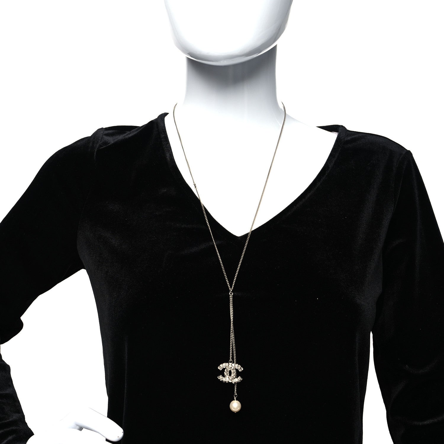 Chanel Baguette Crystal Pearl CC Lariat Necklace Silver 2 of 6