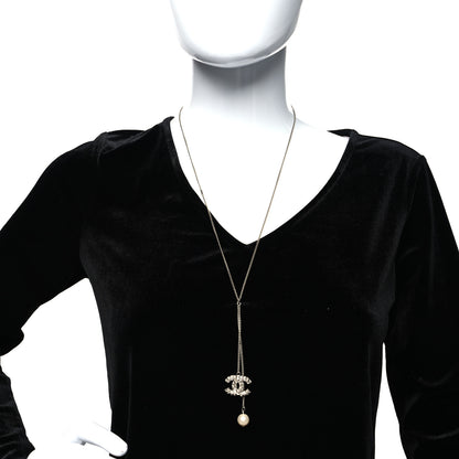 Chanel Baguette Crystal Pearl CC Lariat Necklace Silver 2 of 6